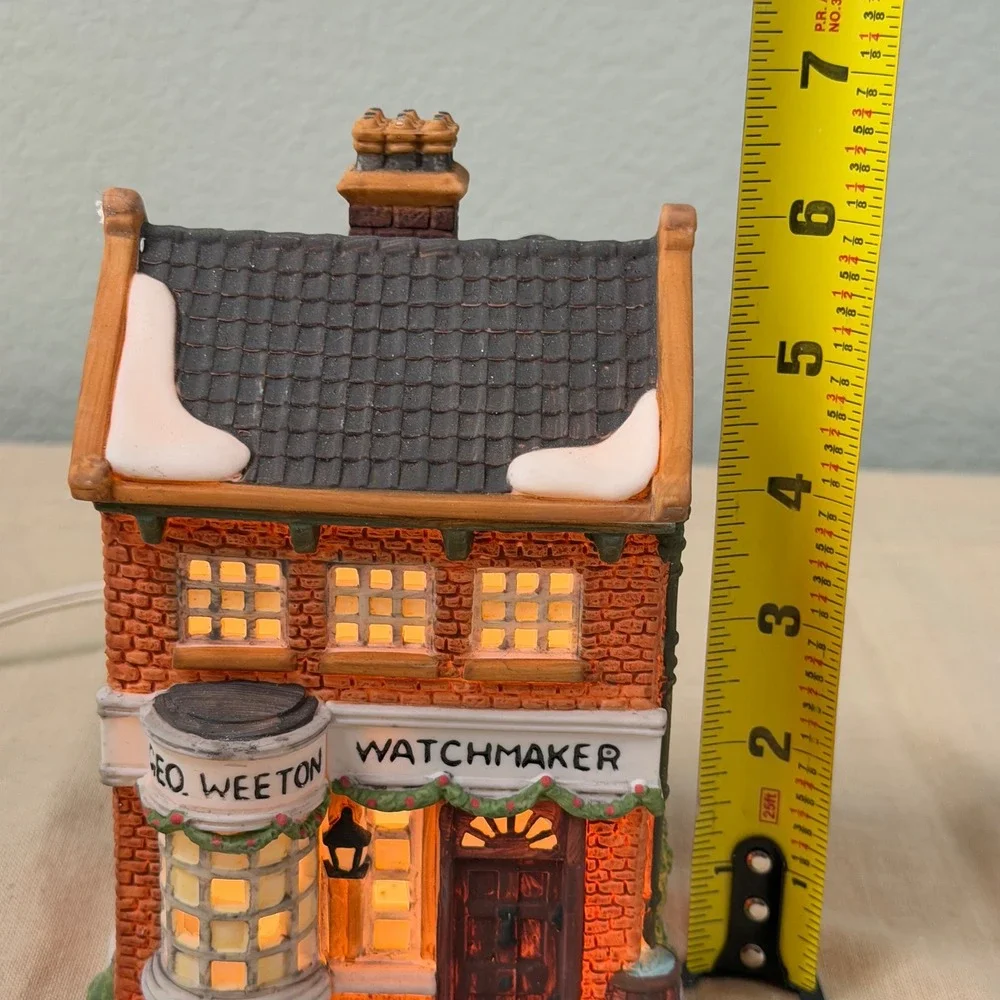 Vintage Lighted Christmas Village House Porcelain Watchmaker w Box & Cord Decor